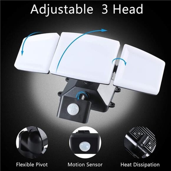 35W Motion Sensor LED Security Light Outdoor with Remote Control,3 Head Plug in - Picture 3 of 6